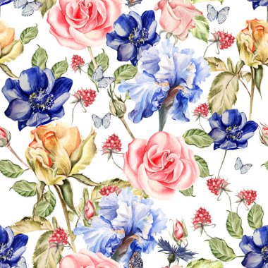 Güzel renkli sulu boya desen çiçek Iris, anemon çiçeği, gül ve ahududu.