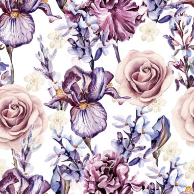 Iris, gül ve lavanta çiçekleri ile suluboya desen.