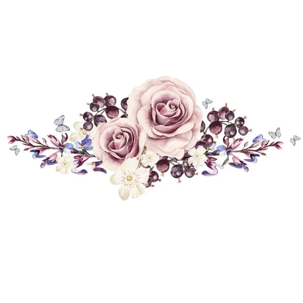 Kytici levandulovými kvítky, Sasanka a růže. — Stock fotografie