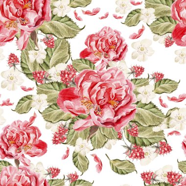 Şakayık ve çiçeklerle suluboya desen.