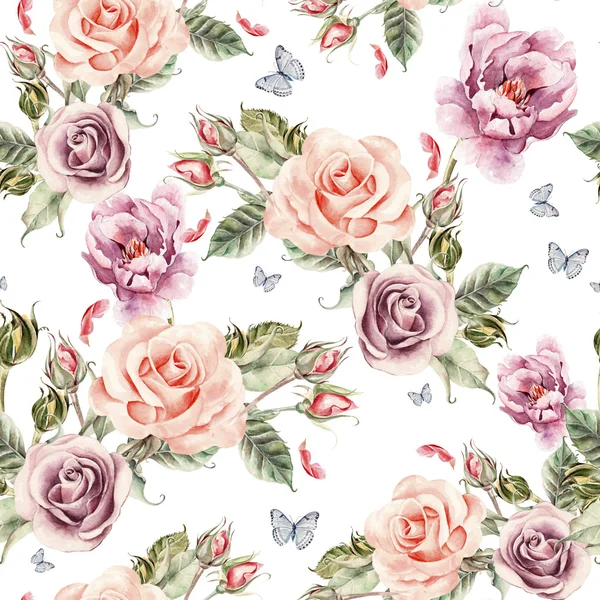 Patrón con acuarela rosa realista, peonía y mariposas . — Foto de Stock