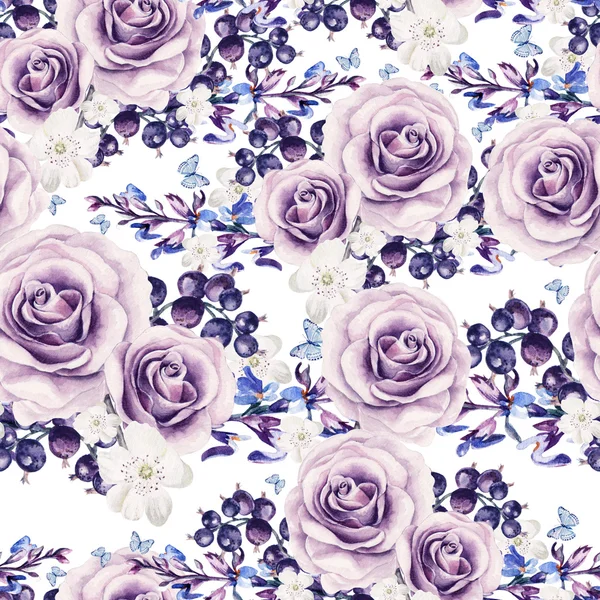 Aquarel patroon met rozen en bessen, aalbessen. — Stockfoto