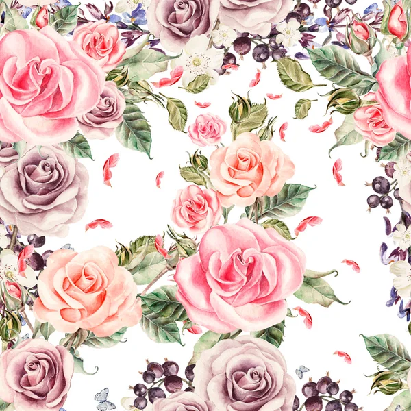 Pattern with watercolor realistic roses and berries. — Stock Photo, Image