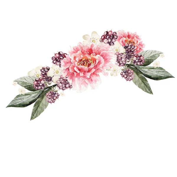 Csokor bazsarózsa virágok és bogyók. Akvarell — Stock Fotó