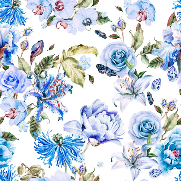 Akvarell mönster med vallmo blommor, orkidé, pion, Lilja och rose. — Stockfoto