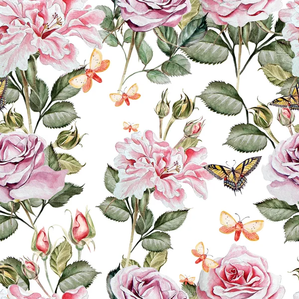 Watercolor pattern with peony and roses flowers. — Stock Photo, Image