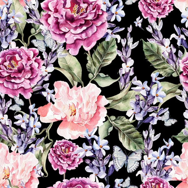 Akvarell varrat nélküli mintát bazsarózsa virágok és levendula. — Stock Fotó