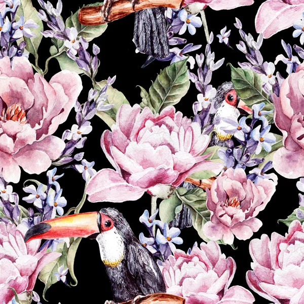 Aquarell nahtloses Muster mit Pfingstrosenblüten, Lavendel und Tukanvogel. — Stockfoto