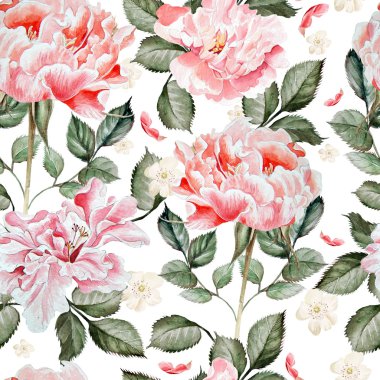 Şakayık ve çiçeklerle suluboya desen.