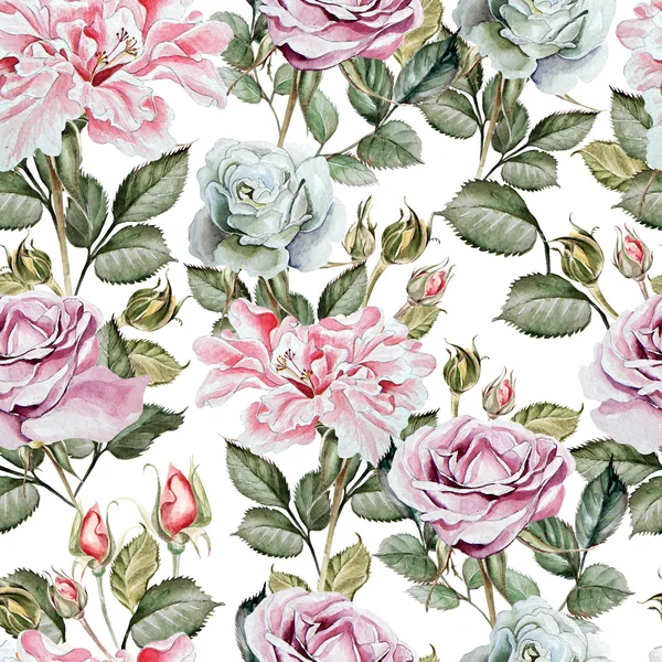 Watercolor pattern with peony and roses flowers. — Stock Photo, Image