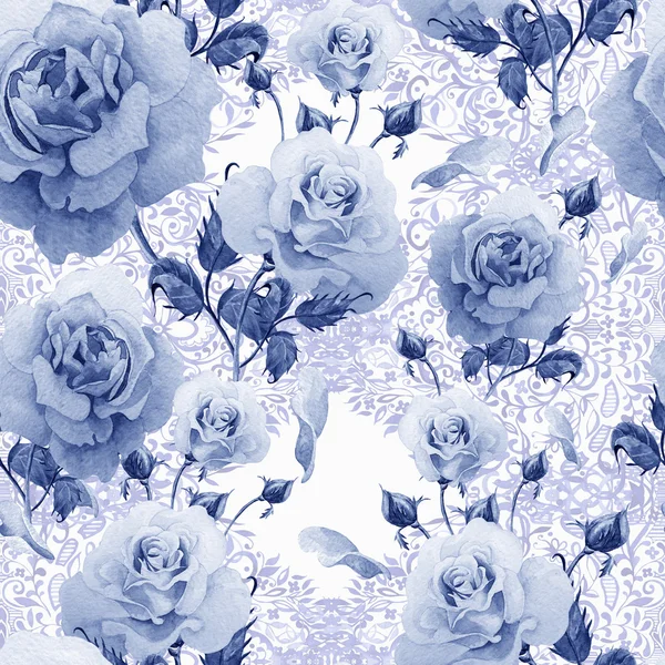 Akvarell mönster med rosor och spets mönster. — Stockfoto