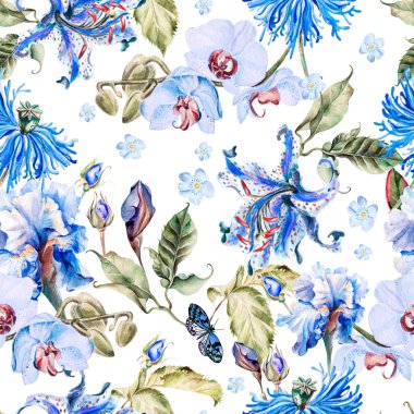 Haşhaş çiçekleri, orkide, Iris, lily ve rose ile suluboya desen.