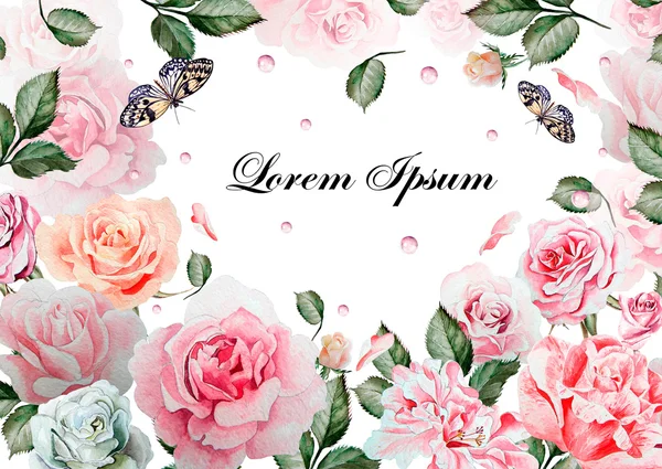 Vacker akvarell kort med rosor blommor. Fjärilar och växter. — Stockfoto