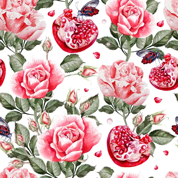 Aquarel patroon met roze bloemen en granaatappels. — Stockfoto