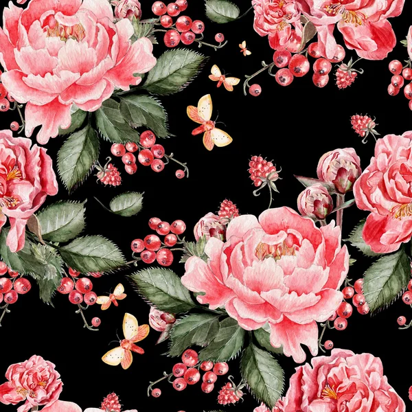 Bright seamless pattern with peony flowers and raspberries . — Stock Photo, Image