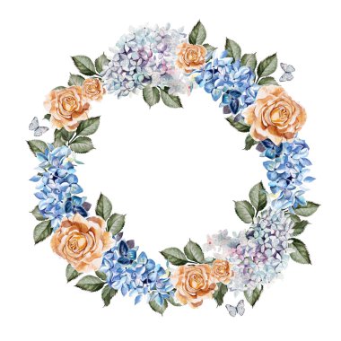 Güzel suluboya kağıdı ile gül çiçek ve ortanca. Çelenk düğün.