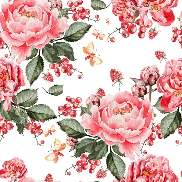 Heldere naadloze patroon met Peony bloemen en frambozen . — Stockfoto