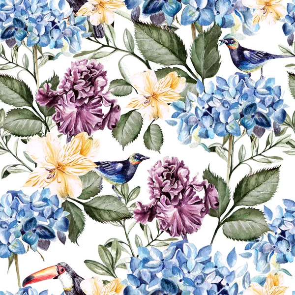 Colorful watercolor pattern with flowers hydrangeas , alstroemeria, irises and birds . — Stock Photo, Image