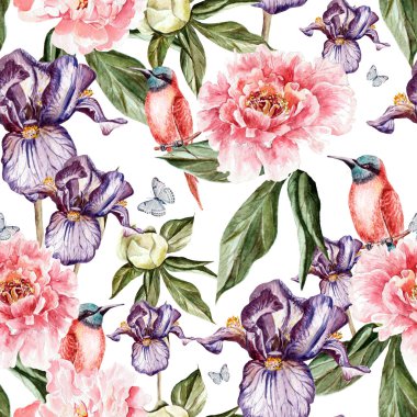 Desen suluboya gerçekçi Şakayık, Iris ve kuş.