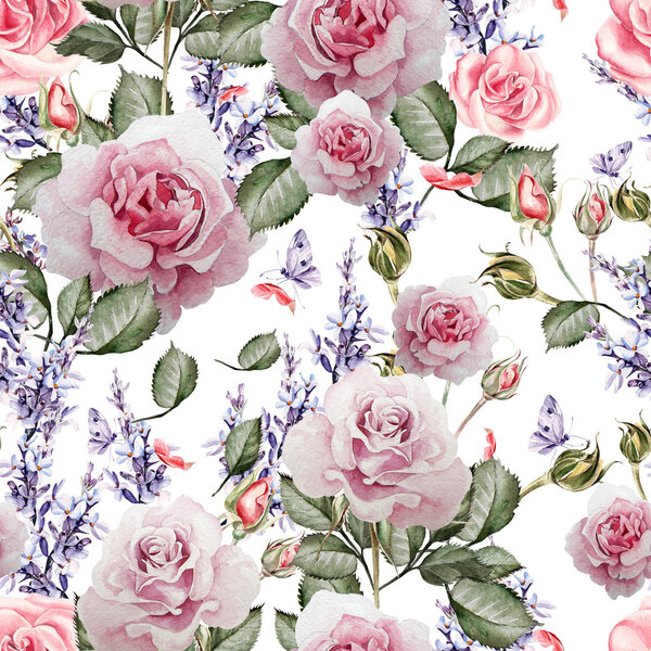 Beautiful watercolor pattern with the colors of lavender and roses.