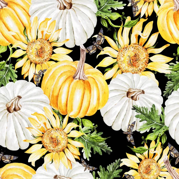 Beautiful watercolor seamless pattern with sunflower, pumpkins and leaves. — Stock Photo, Image