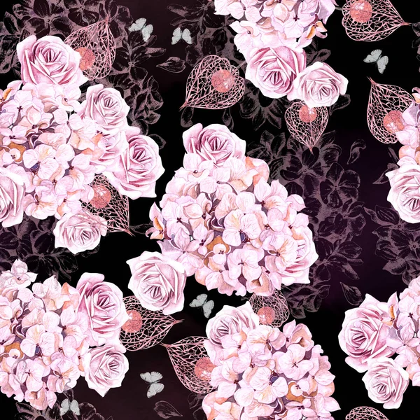 Aquarell Hortensie nahtlose Muster. Nahtlose Textur mit Objekten: Pflanzen, Hortensien, Rosen, Physalis. Handbemalte Vintage Gardening Hintergrund. — Stockfoto