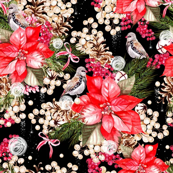 Bellissimo acquerello modello natalizio con uccelli, poinsettia e snowberry. — Foto Stock