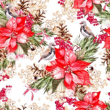 Güzel suluboya Noel desenleri Kuşlar, noktalar ve karmersinli. 