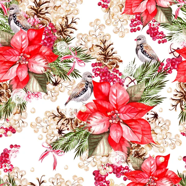 Beautiful watercolor Christmas pattern with birds, poinsettia and snowberry. — Stock Photo, Image