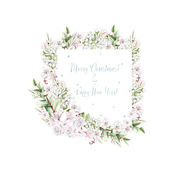 꽃과 열매가 달린 워터 컬러 크리스마스 카드. — 스톡 사진