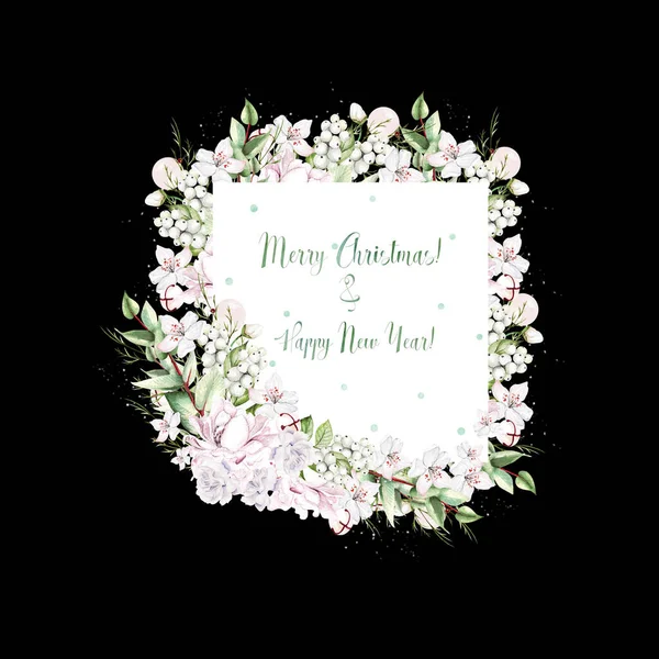 Cartão de Natal aquarela com flores e bagas. — Fotografia de Stock