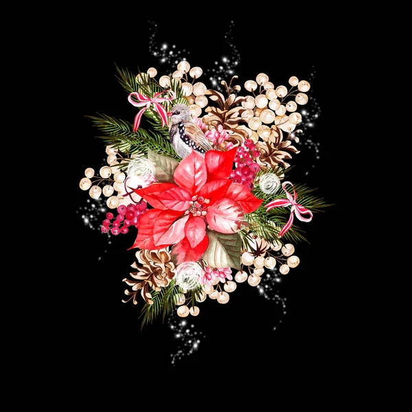 Όμορφο ακουαρέλα Χριστουγεννιάτικο μπουκέτο με πουλιά, poinsettia και snowberry. — Φωτογραφία Αρχείου