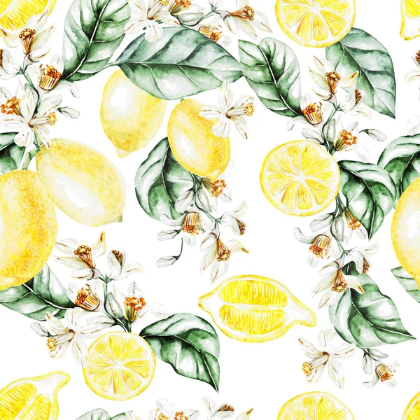 Colorful watercolor pattern with lemon fruits and flowers. — Stock Photo, Image