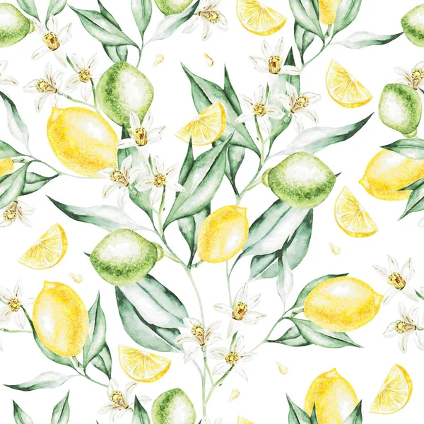 Colorful watercolor pattern with lemon fruits and flowers. — Stock Photo, Image