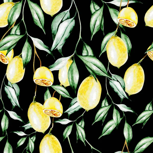 Colorful watercolor pattern with lemon fruits and flowers. — Stock Photo, Image