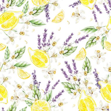 Limon, çiçek ve lavantalı renkli suluboya deseni . 