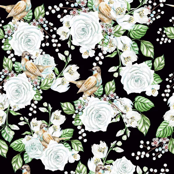 Padrão Sem Costura Aquarela Com Rosas Brancas Flores Jasmim Pássaros — Fotografia de Stock