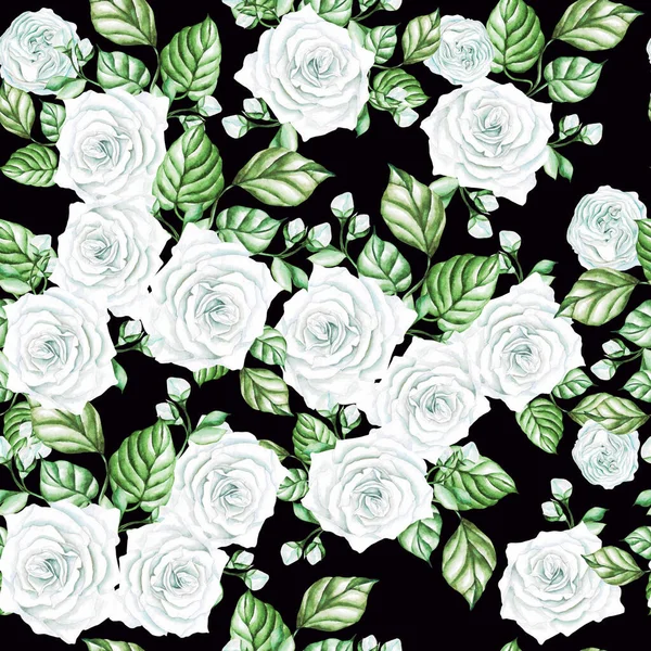 Watercolor Seamless Pattern White Roses Leaves Illustration — Stock Photo, Image