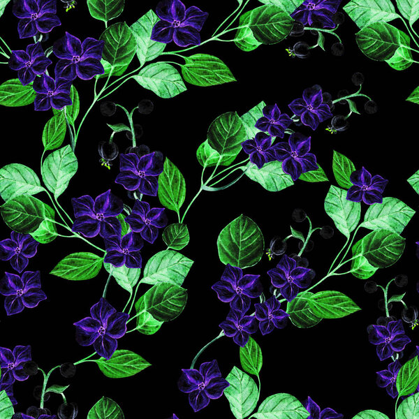 Elegance watercolor wedding seamless pattern with spring blue flowers. Watercolor illustration. 