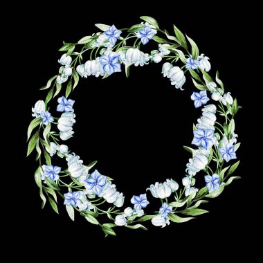 Düğün için mavi çiçekler ve çelenk vadisinin zambakları. Tebrik kartı için dekoratif unsur. Görüntü