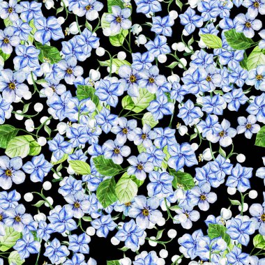 Sulu suluboya, bahar mavisi çiçekli kusursuz düğün deseni. Suluboya çizimi. 