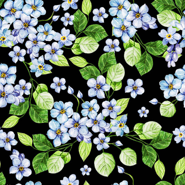 Elegance watercolor wedding seamless pattern with spring blue flowers. Watercolor illustration. 