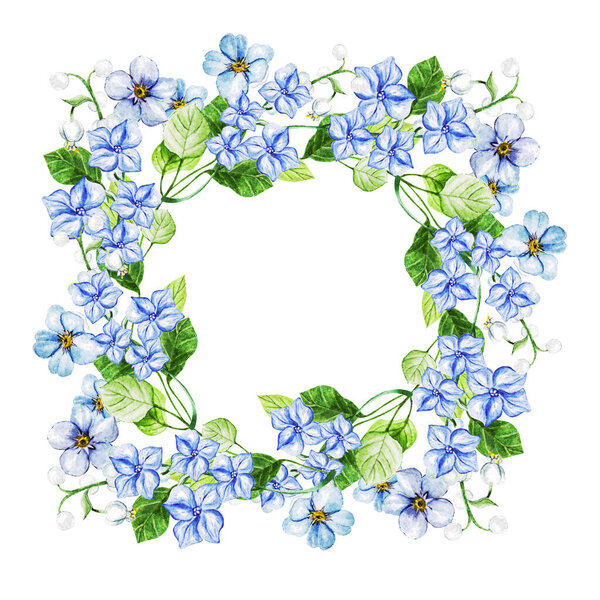 Blue spring flowers in bouquet for wedding. Decorative element for greeting card. Illustration