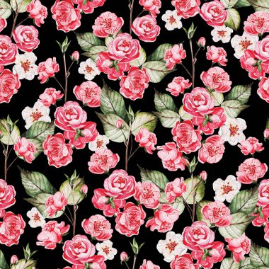 Japon sakuralı, pembe çiçekli ve yeşil yapraklı dikişler. Görüntü