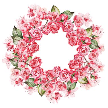 Kiraz çiçekli çelenk. Suluboya çizimi.