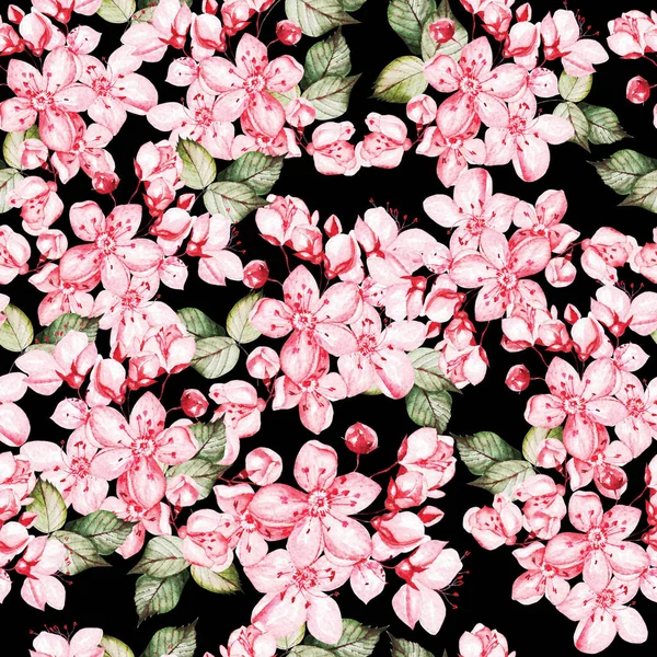 西门子图案与日本萨卡花粉红色的花和绿色的叶子 说明1 — 图库照片