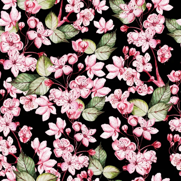 Modello Cuciture Con Sakura Giapponese Con Fiori Rosa Foglie Verdi — Foto Stock