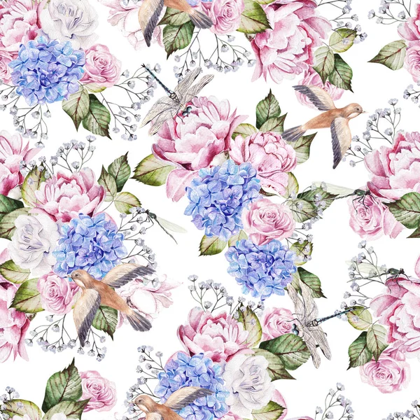 Akvarel Bezešvný Vzor Hortenzií Růží Květiny Listy Ptáci Ilustrace — Stock fotografie