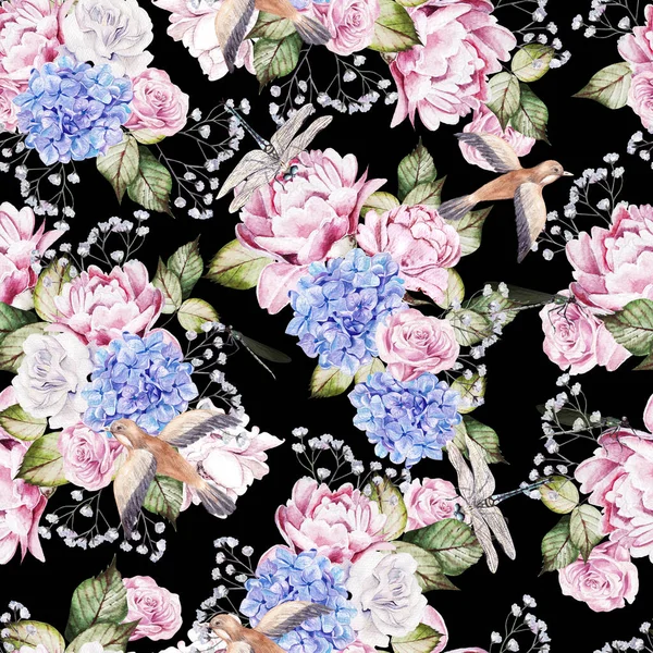 Waterverf Naadloos Patroon Met Hortensia Rozen Bloemen Bladeren Vogels Illustratie — Stockfoto