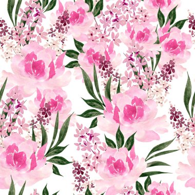 Güller ve şakayık çiçeklerle sulu boya desenli. Görüntü